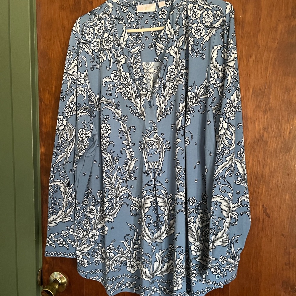 Belle by Kim Gravel.   Floral Blue and White Blouse